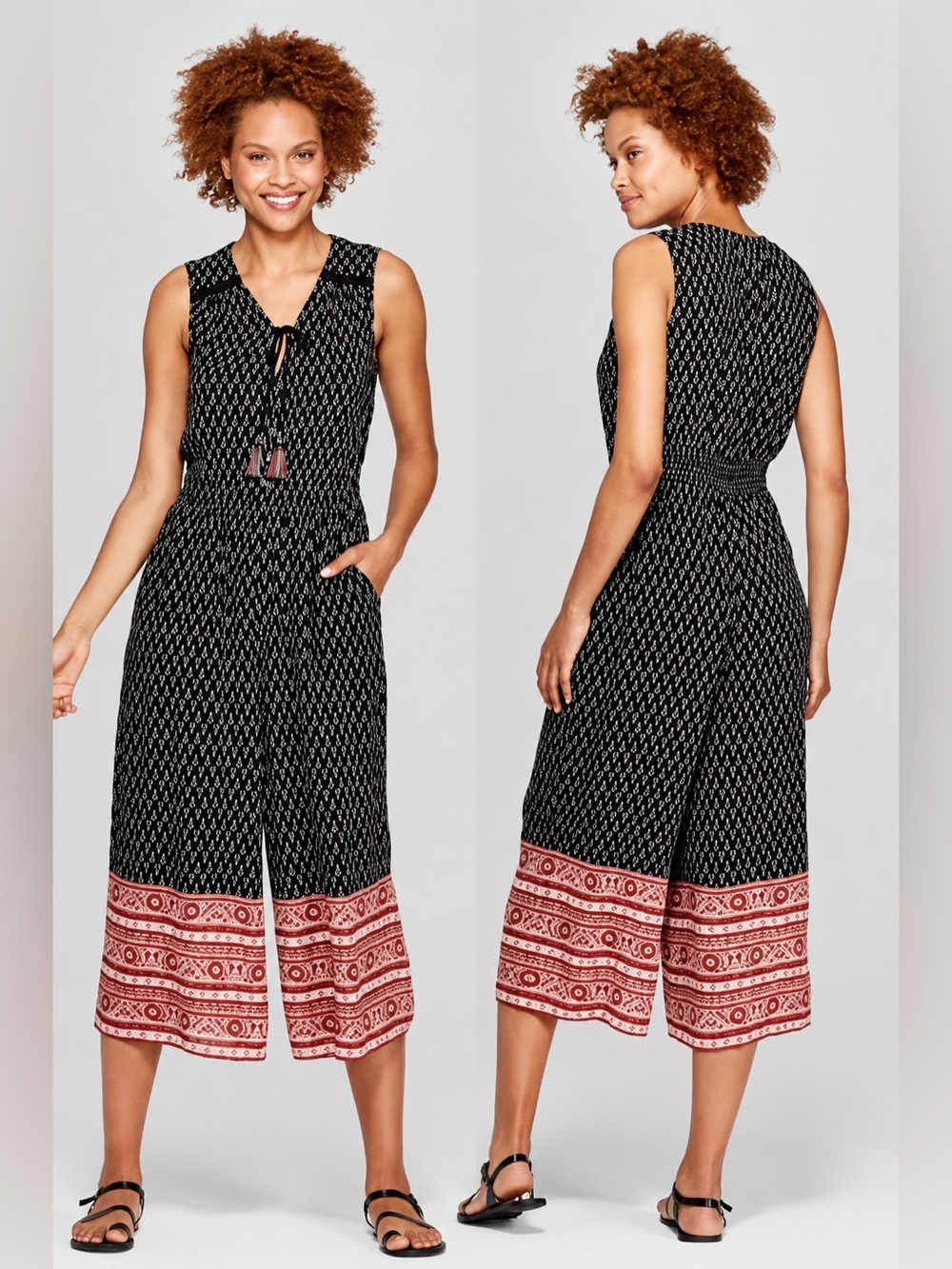 Knox Rose Boho Wide Leg Cropped Jumpsuit Large Black Tassel Pocket Romper